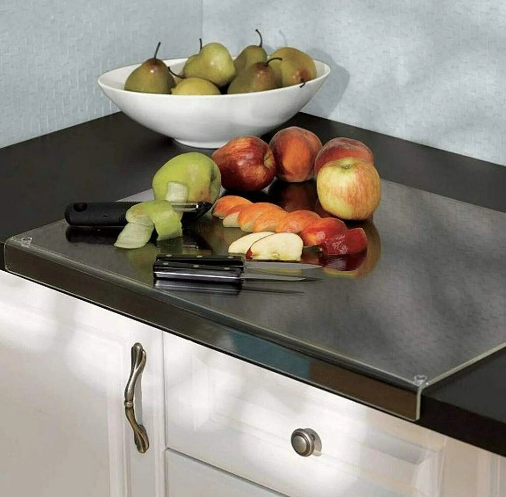 Transparent acrylic cutting board with anti-slip base, square shape, available in multiple sizes for kitchen use