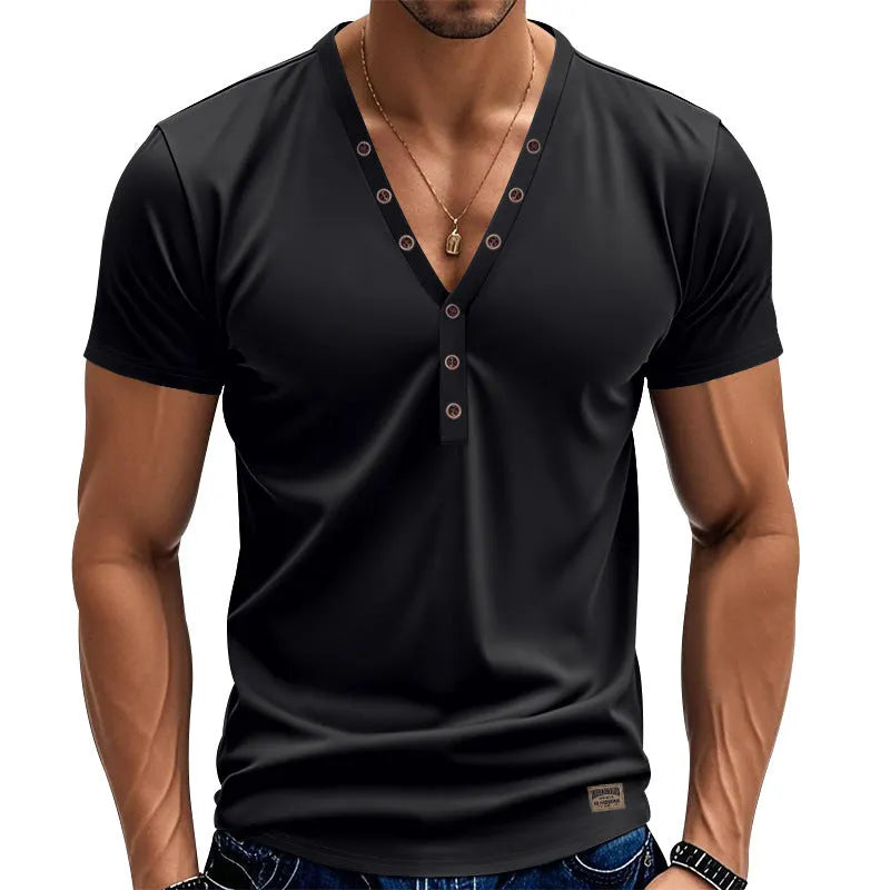 Men's loose thin V-neck button design sports top in chemical fibre blend fabric