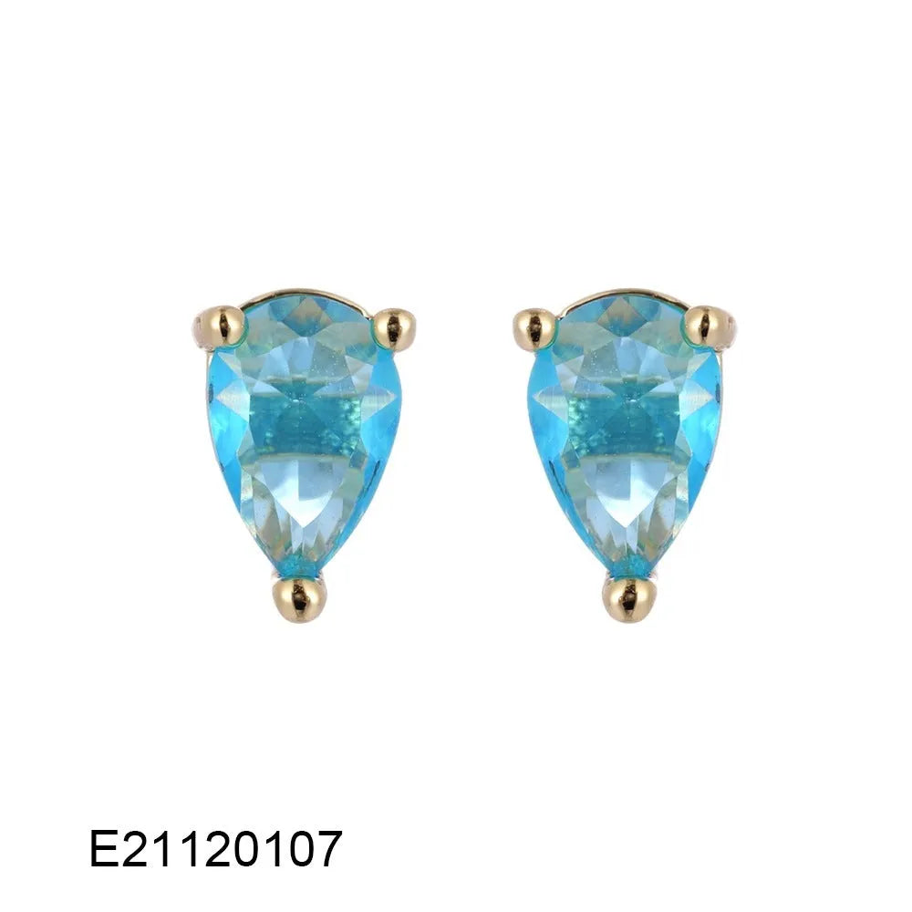 A pair of gold-plated drop earrings with candy-coloured pear-shaped zircon stones on a simple setting.