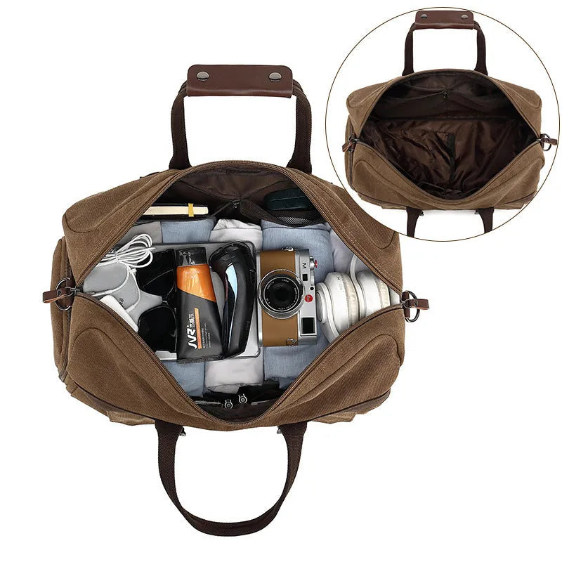 Canvas crossbody travel bag with 36-55L capacity in retro style, shown in black colour option