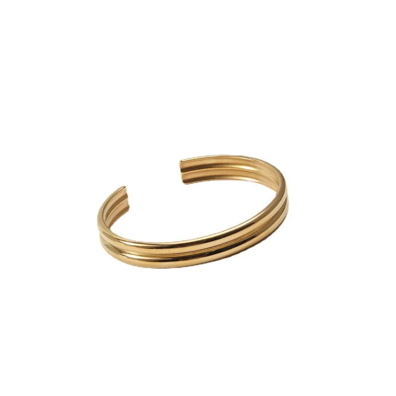 Gold double curved titanium steel bracelet with inlaid pearls geometric women's accessory