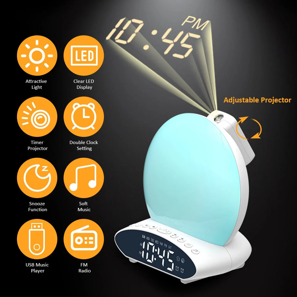 White wake-up light alarm clock with sunrise simulation and FM radio features