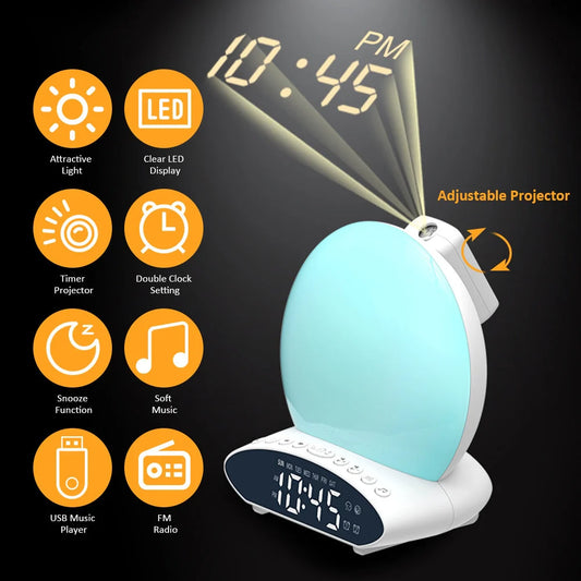 White wake-up light alarm clock with sunrise simulation and FM radio features