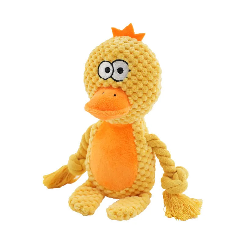Hippo plush dog toy with integrated cotton rope for tug of war training