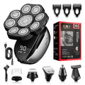 Black rechargeable 6-in-1 hair clipper kit with shaving head, nose trimmer, massage head, cleansing brush and three comb guards