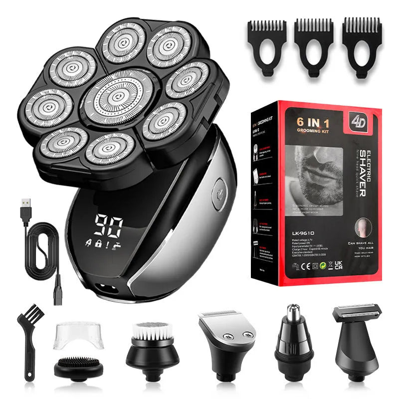 Black rechargeable 6-in-1 hair clipper kit with shaving head, nose trimmer, massage head, cleansing brush and three comb guards