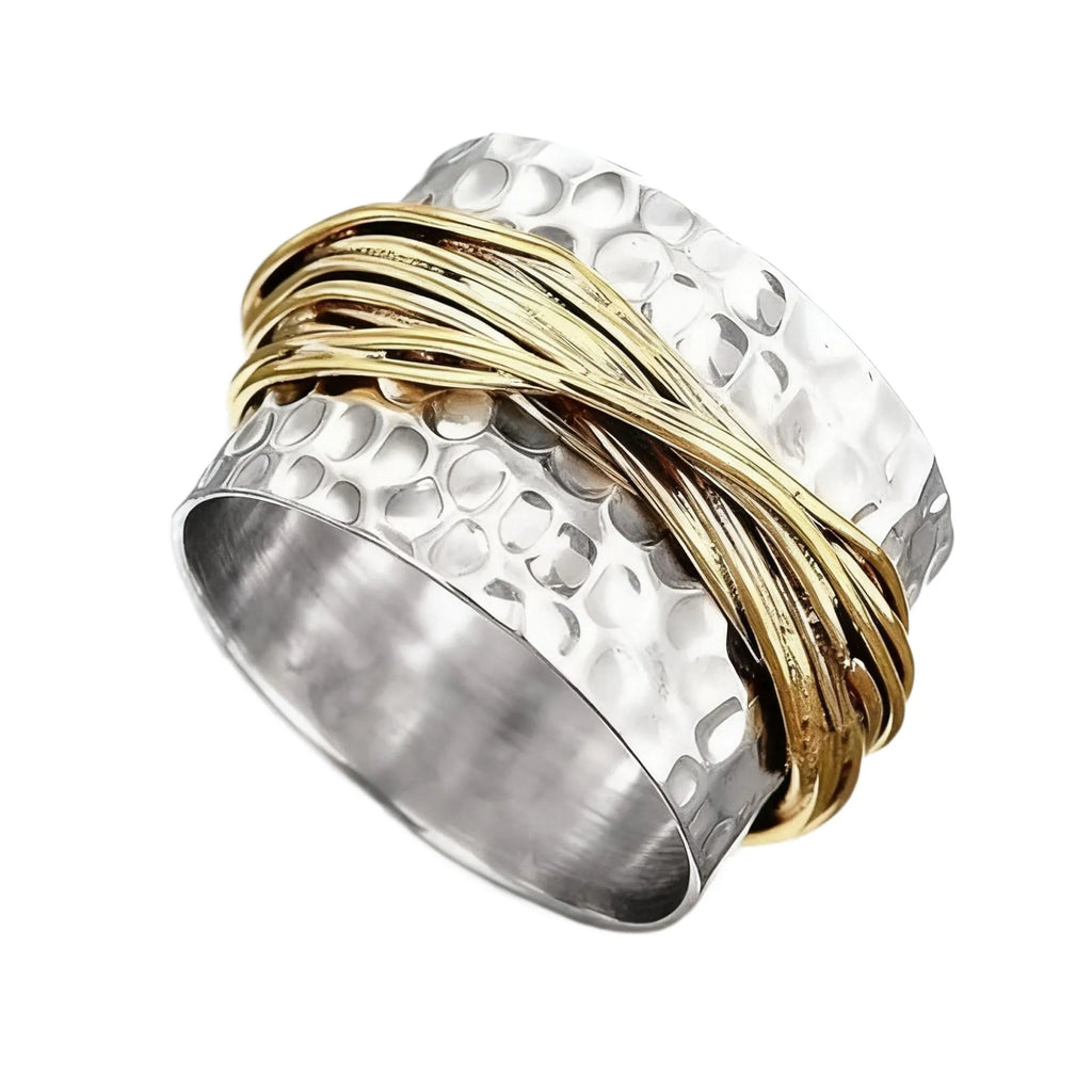 Two-tone alloy ring with hammered metal coil design in sizes no.6 to no.10