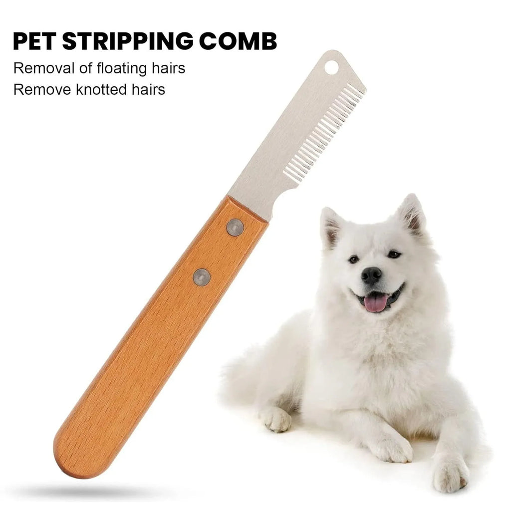 Pet stripping comb grooming tool with wood handle and metal teeth, shown in long and short size options.