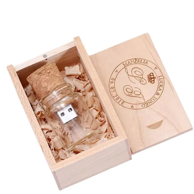 Transparent plastic bottle-shaped USB flash drive with a wooden ship model inside.