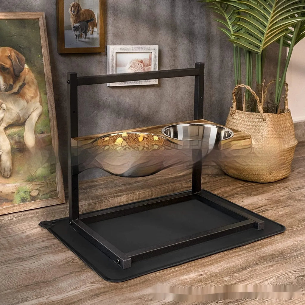 Black iron dog bowl rack with dimensions 42x30x40 cm for elevated feeding