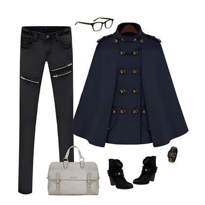 Navy blue women's double-breasted woolen cape-style coat, sleeveless slim fit, medium 65-80cm length, wool-polyester blend