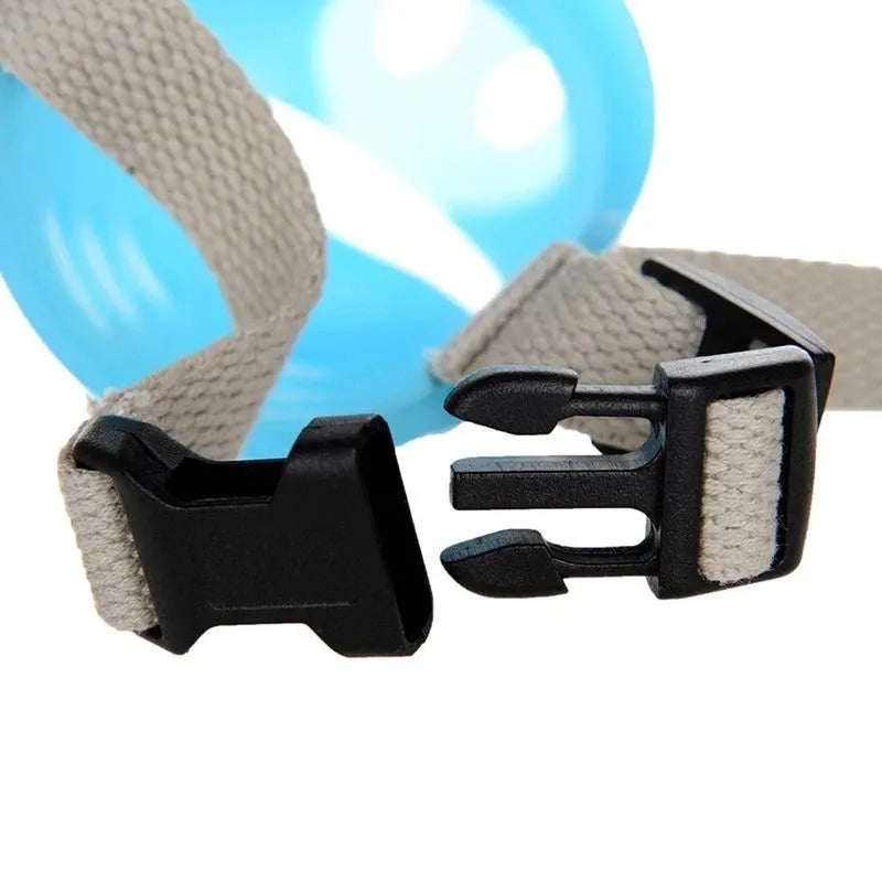 Blue silicone dog anti-bite mouth cover showing measurements for large and small sizing options