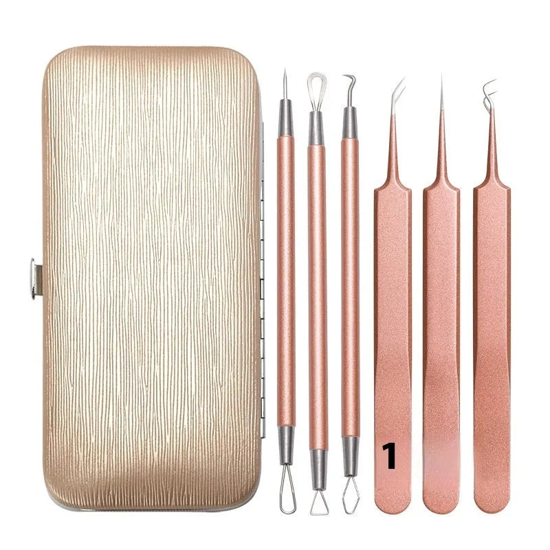 Six rose gold stainless steel acne removal tools arranged on a clean surface