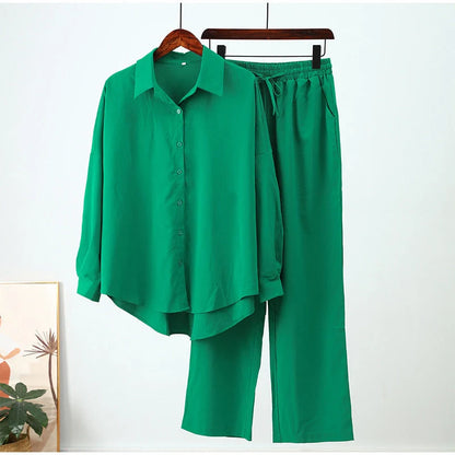 Solid colour long sleeve blouse and pants set in European and American Ins style