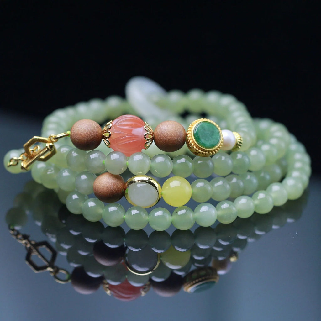 Hetian jade and red lotus bead necklace with matching bracelet set