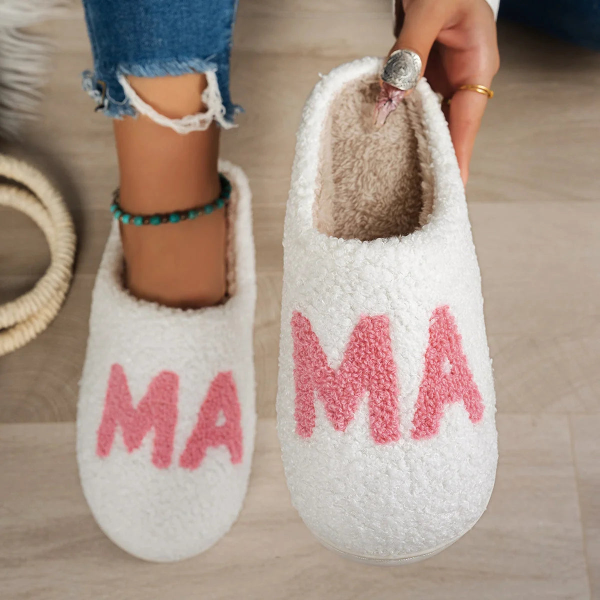 MAMA Christmas Gift Plush Cotton Slippers in white with thick non-slip sole
