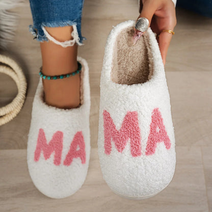MAMA Christmas Gift Plush Cotton Slippers in white with thick non-slip sole