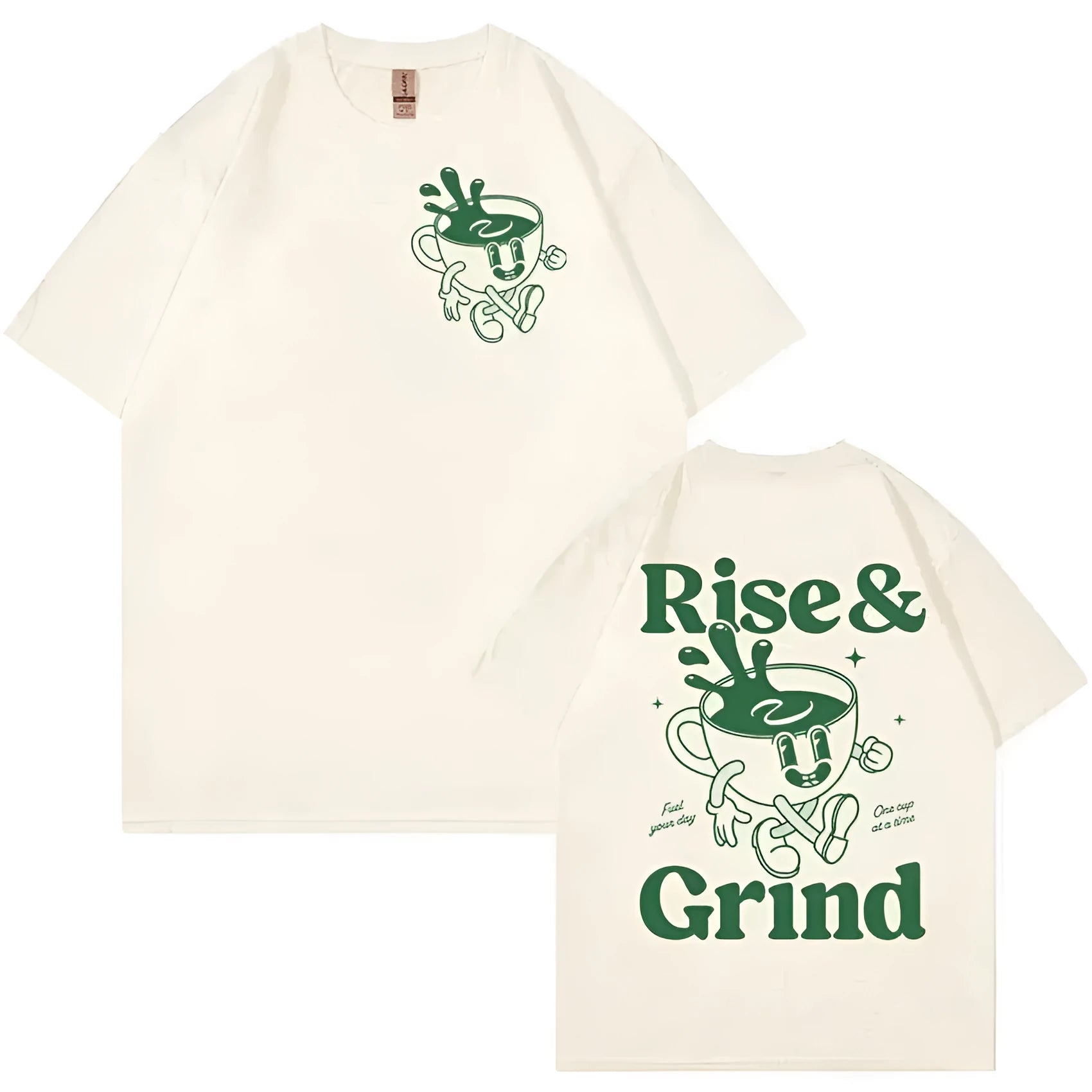 Rise And Grind Green Coffee expression printed on loose fit linen T-shirt