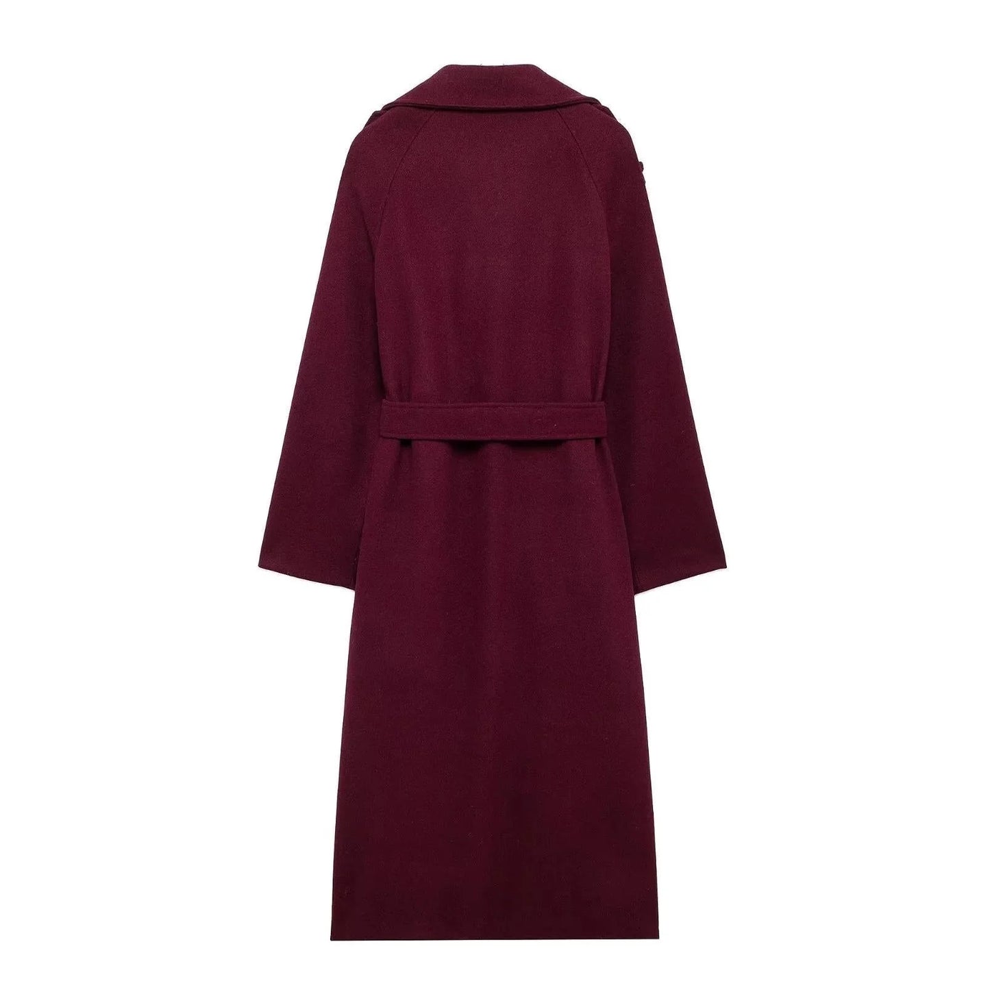 Women's wine red woolen trench coat with double-breasted design and adjustable belt