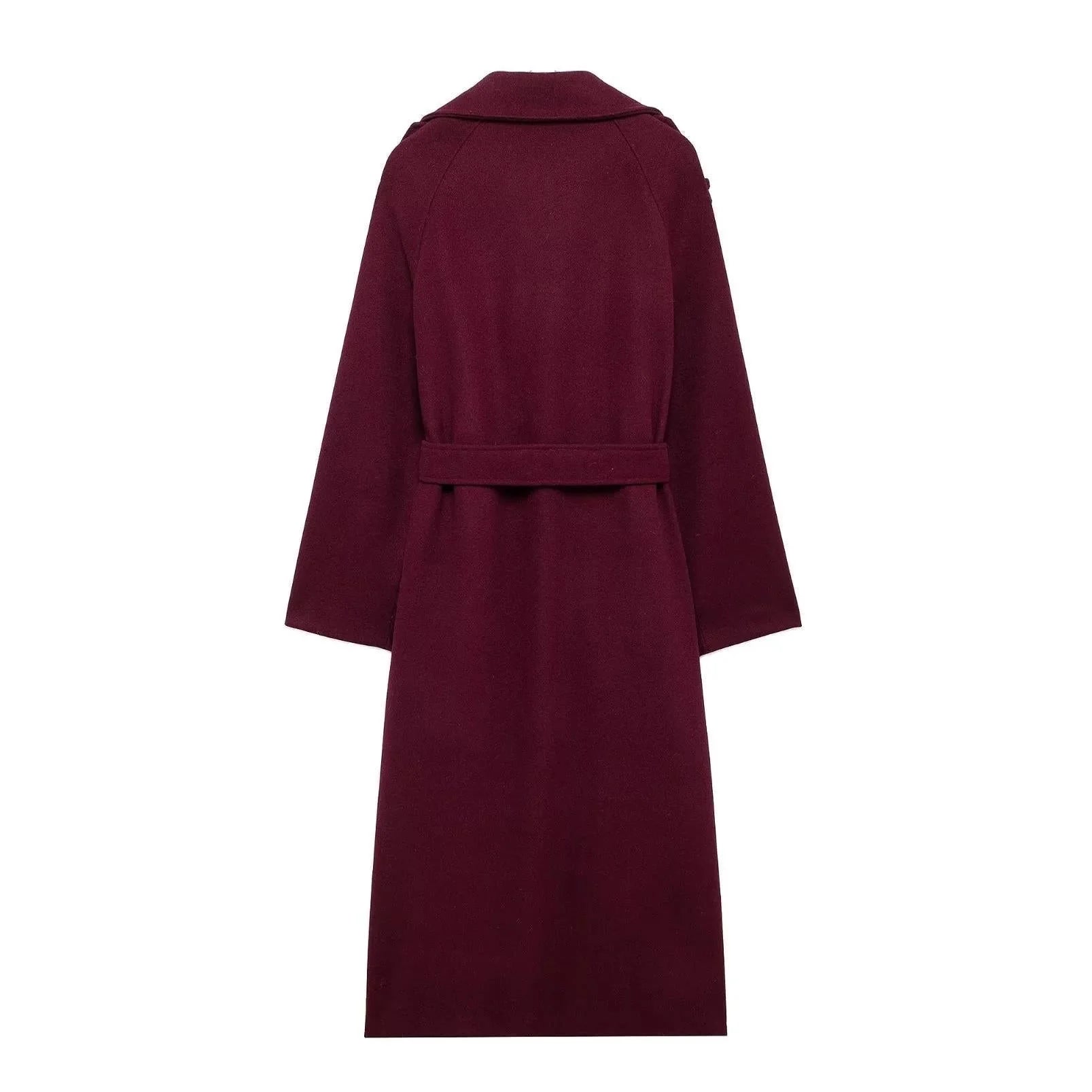 Women's wine red woolen trench coat with double-breasted design and adjustable belt