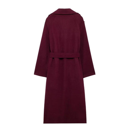 Women's wine red woolen trench coat with double-breasted design and adjustable belt