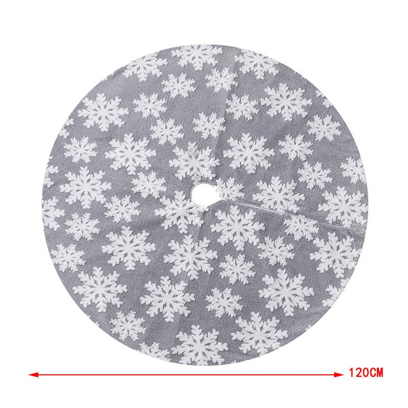 Cozy Christmas tree skirt with plush, snowflake pattern design for festive holiday decor