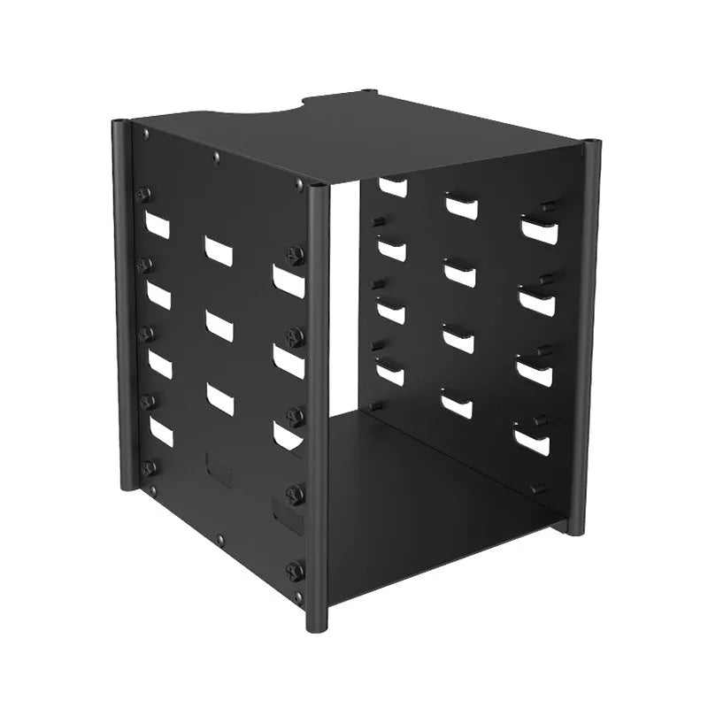 Black metal 5-layer 3.5-inch hard drive storage bracket with screwdriver and screw pack on a desk