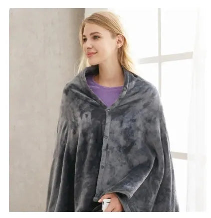 Dark grey USB electric heated blanket made from coral fleece, shown with a USB cable.