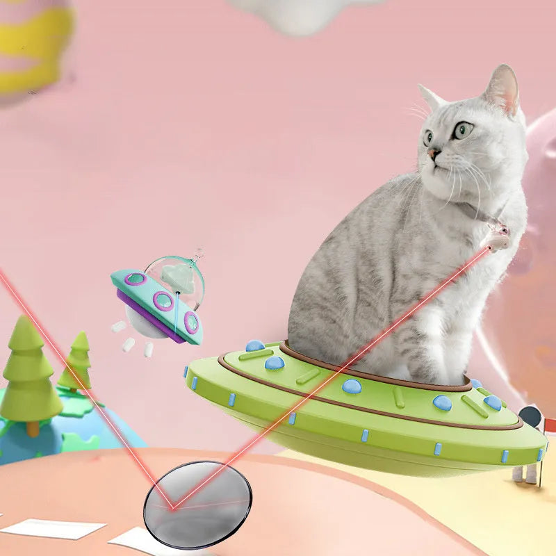 Green automatic cat laser toy attached to collar showing 360-degree rotation feature