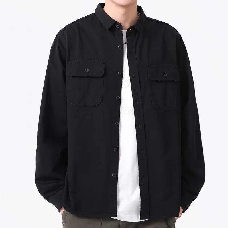 Man's loose fitting long sleeve cardigan shirt in light grey, black, khaki, or green.