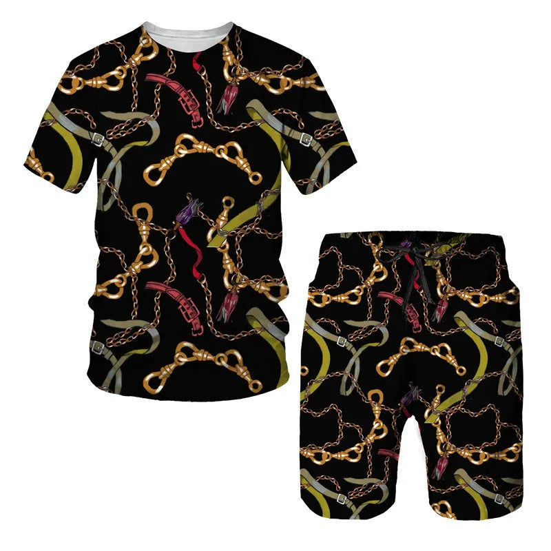 Men's chain pattern printed short sleeve t-shirt and matching shorts set in a chemical fibre blend.