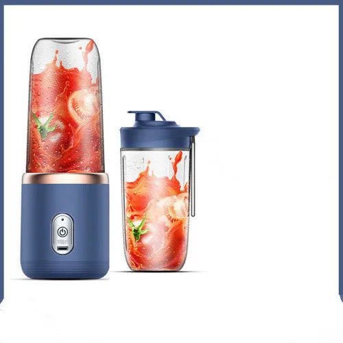 Tunisian dark blue portable blender and juicer with six blades, USB cable, and 400ml cup.