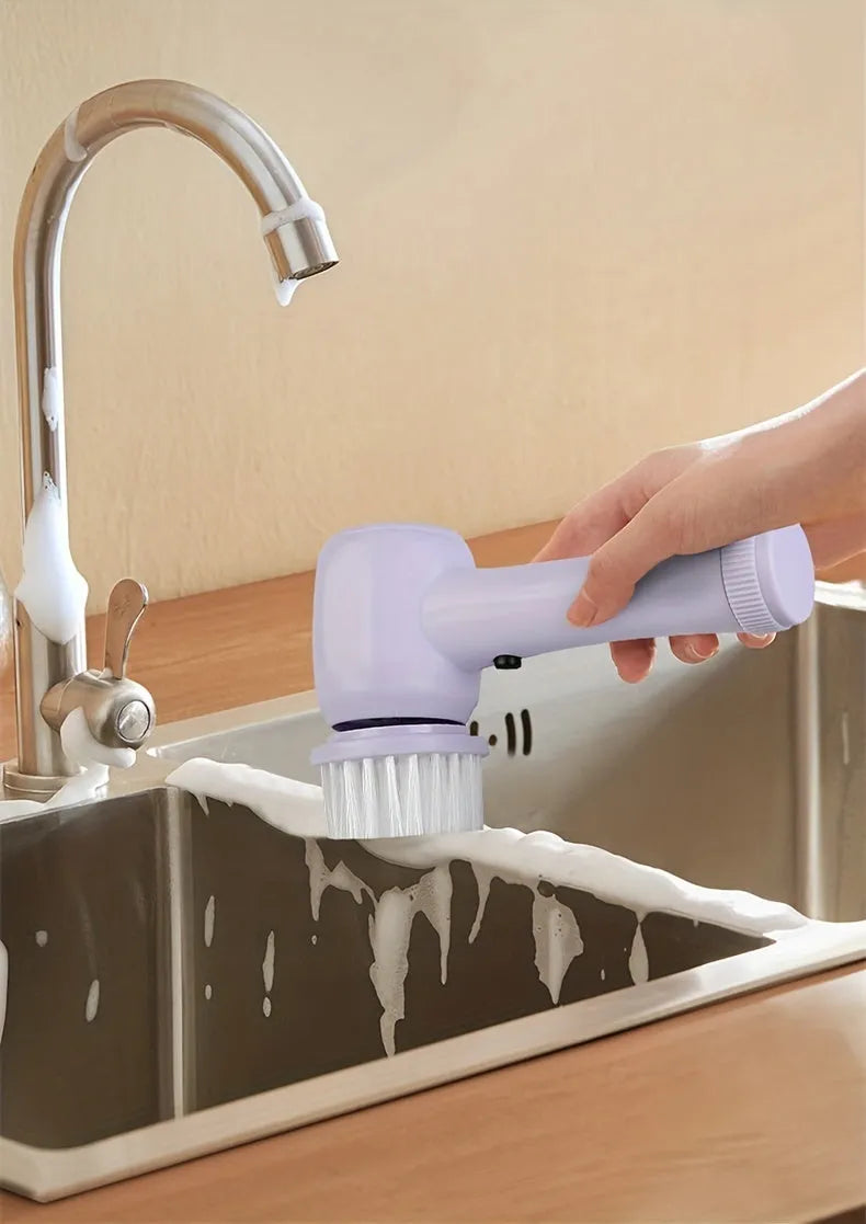 5 In 1 Multifunctional Electric Brush Cleaner in purple with five interchangeble heads for bathroom sink kitchen window cleaning