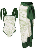 Women's printed polyester swimsuit with chiffon skirt in two-piece set