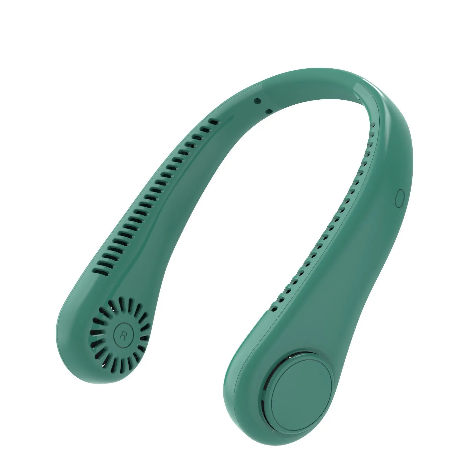 Rechargeable bladeless neck fan worn around neck showing decentralised air outlets