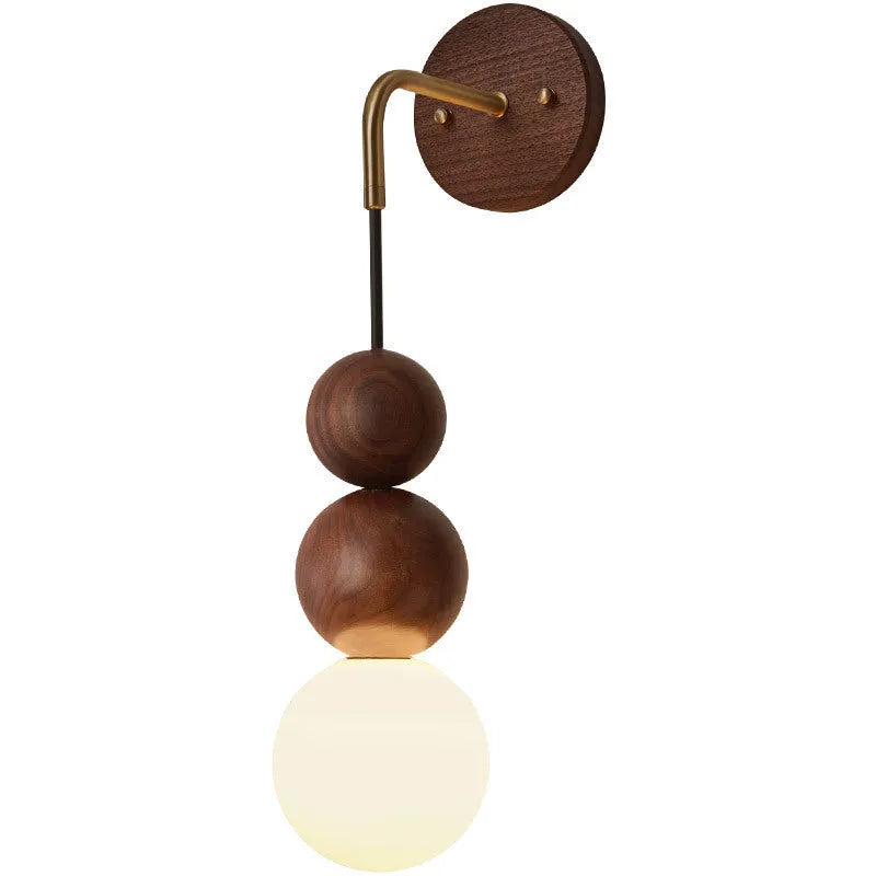 Wood and copper wall lamp with lollipop shade and tri-colour light for bedside or living room.