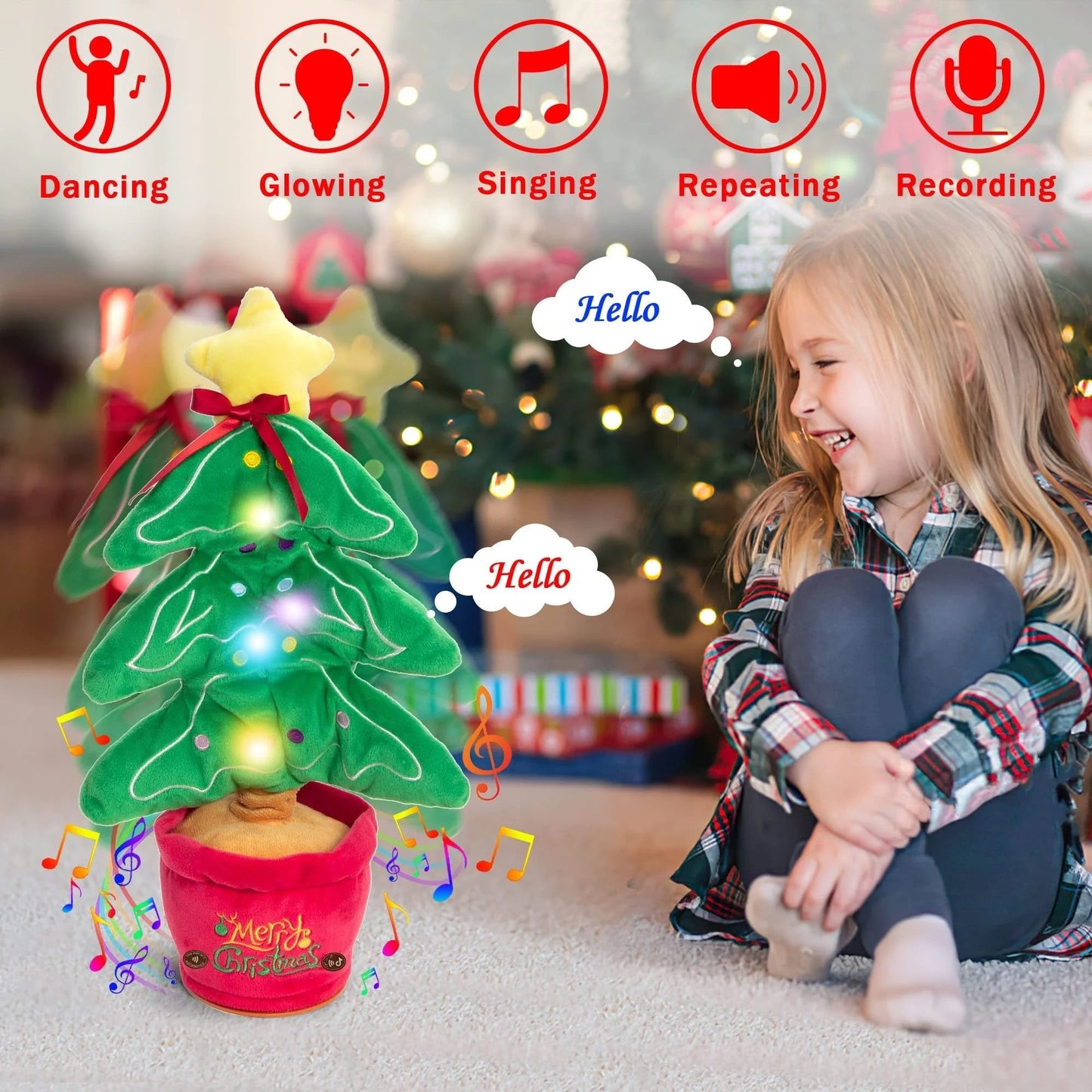 Interactive Christmas plush toy with singing and recording features
