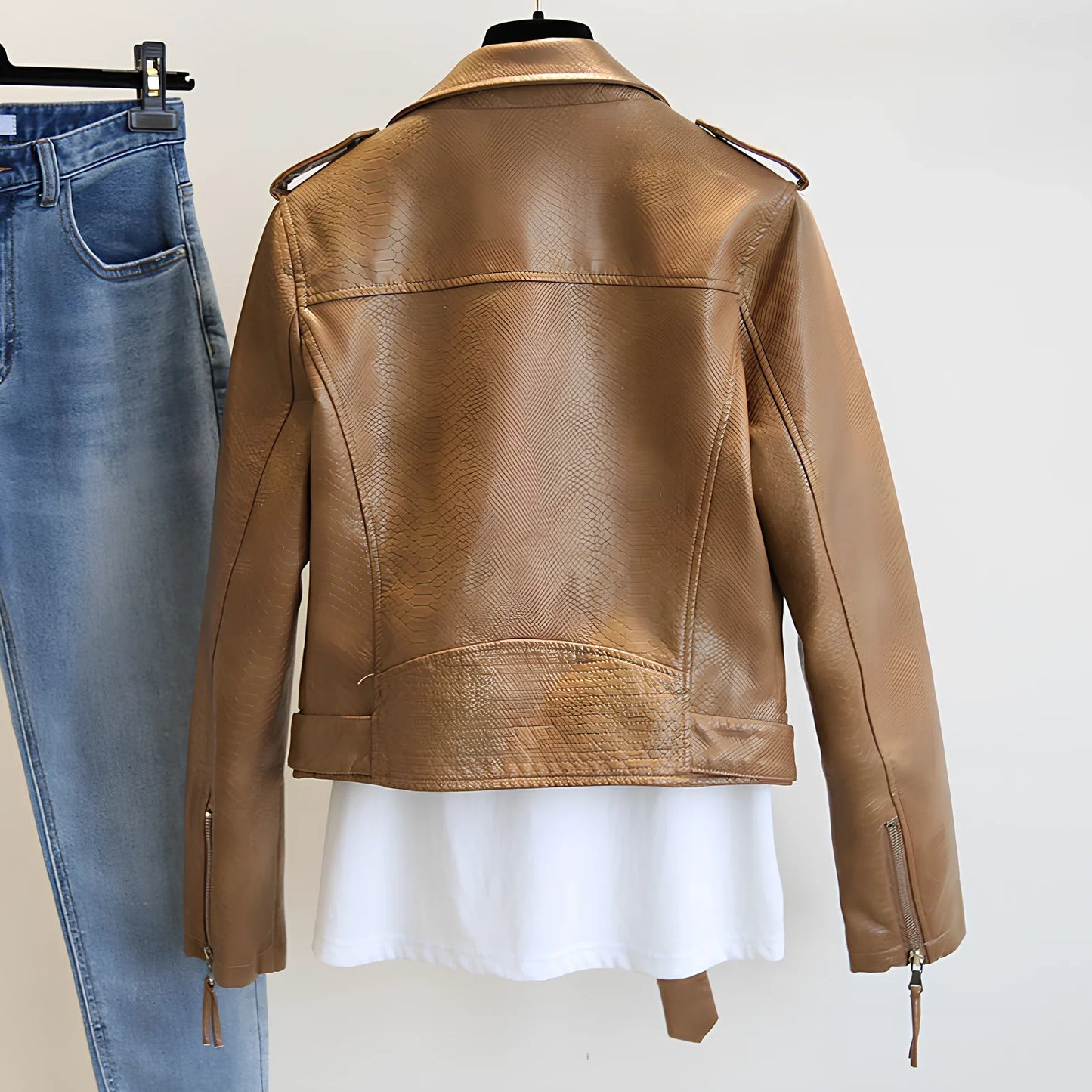 Women's short black imitation leather jacket with lapel collar and belt, 50cm length, S-XL sizes for spring autumn