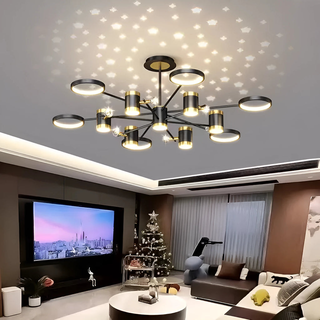 Black iron pendant chandelier with 13 lamp heads and adjustable height ceiling mount