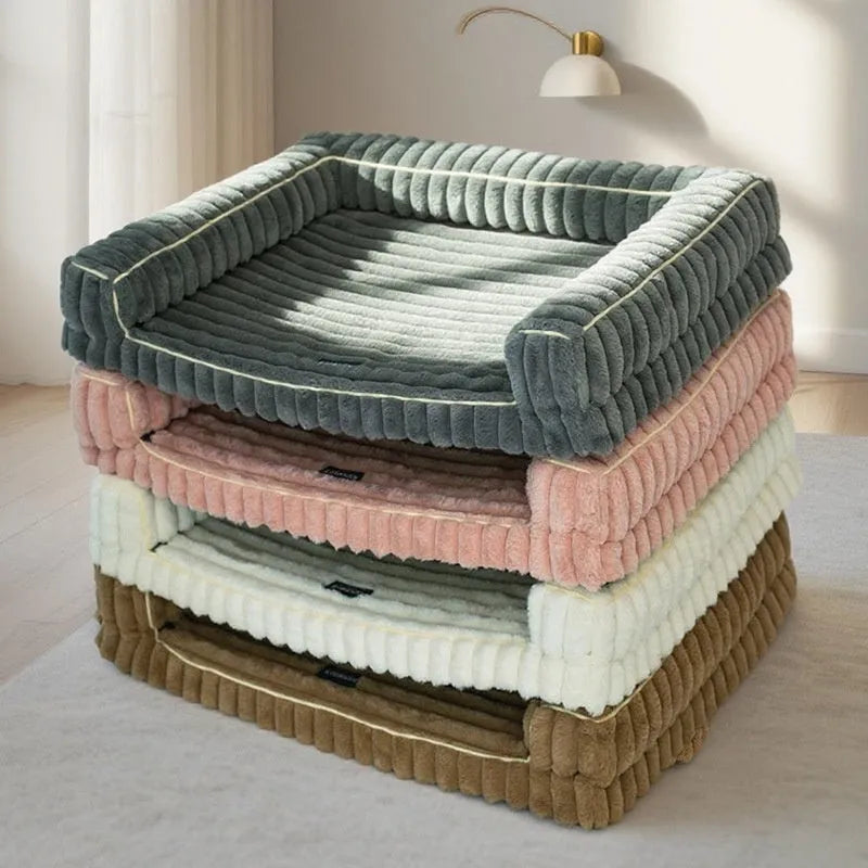 Kennel stripe dehaired angora removable pet bed with corduroy cushion in grey for dogs, 100x75cm size