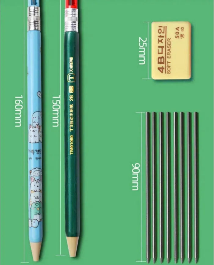 Children's plastic mechanical pencil with replaceable 2B thick leads in cartoon colours