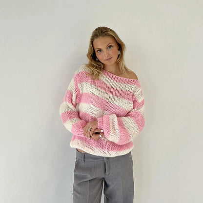 Women's loose striped pullover sweater in deer plush fabric, available in blue, army green, gray, and pink