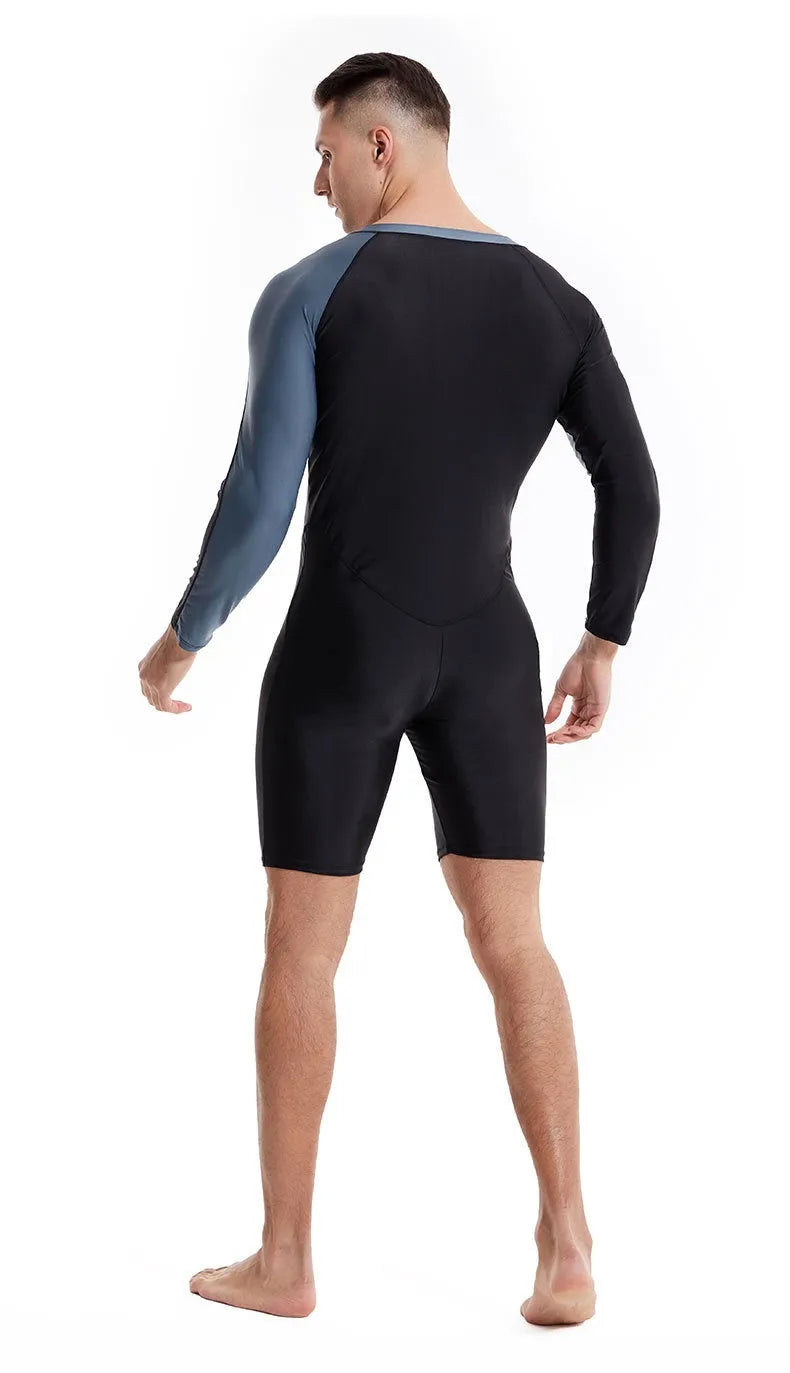 Men's professional diving one-piece swimsuit in black and gray shark skin style