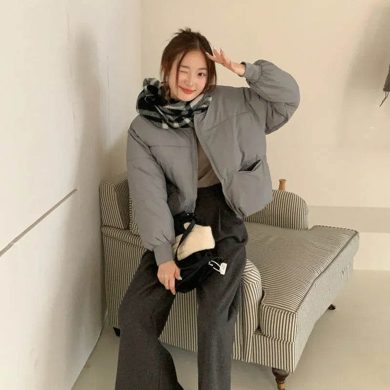 Gray short down jacket for plus size women loose fit with pockets long sleeves