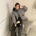 Gray short down jacket for plus size women loose fit with pockets long sleeves