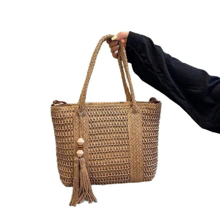 Women's straw woven crossbody shoulder bag in milky white or khaki with large capacity