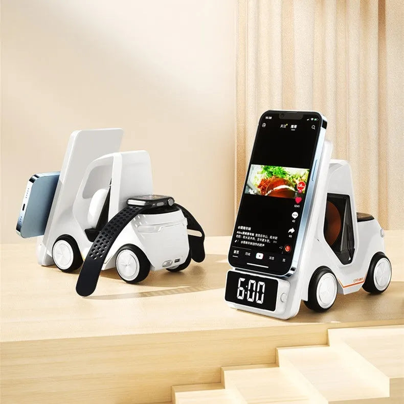 15W three-in-one wireless charging stand in grey, holding a phone, earbuds, and a smartwatch.
