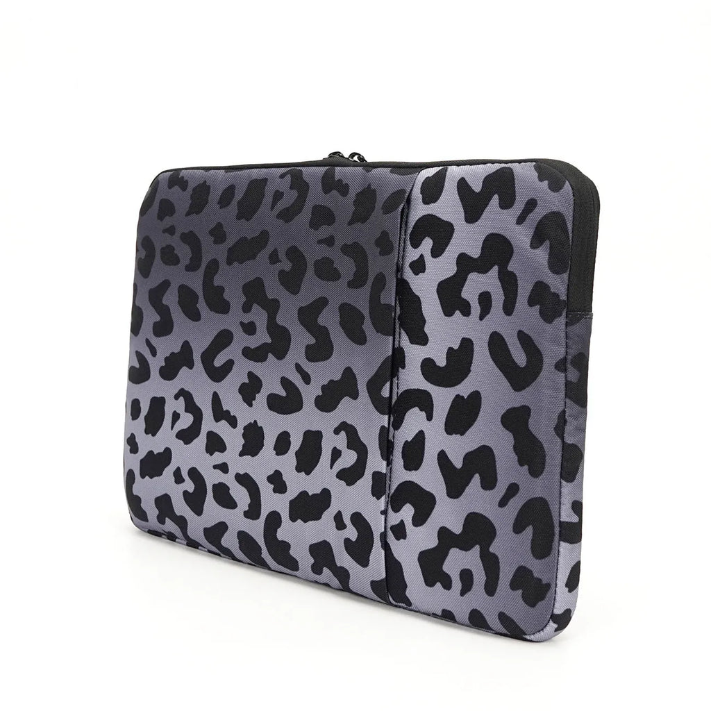 Leopard print laptop protective sleeve showing flannel interior and waterproof polyester exterior