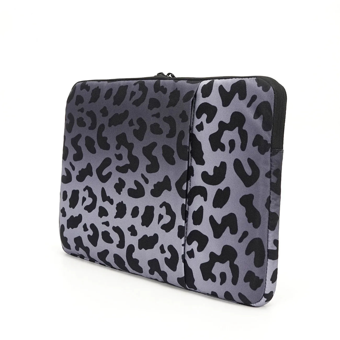 Leopard print laptop protective sleeve showing flannel interior and waterproof polyester exterior