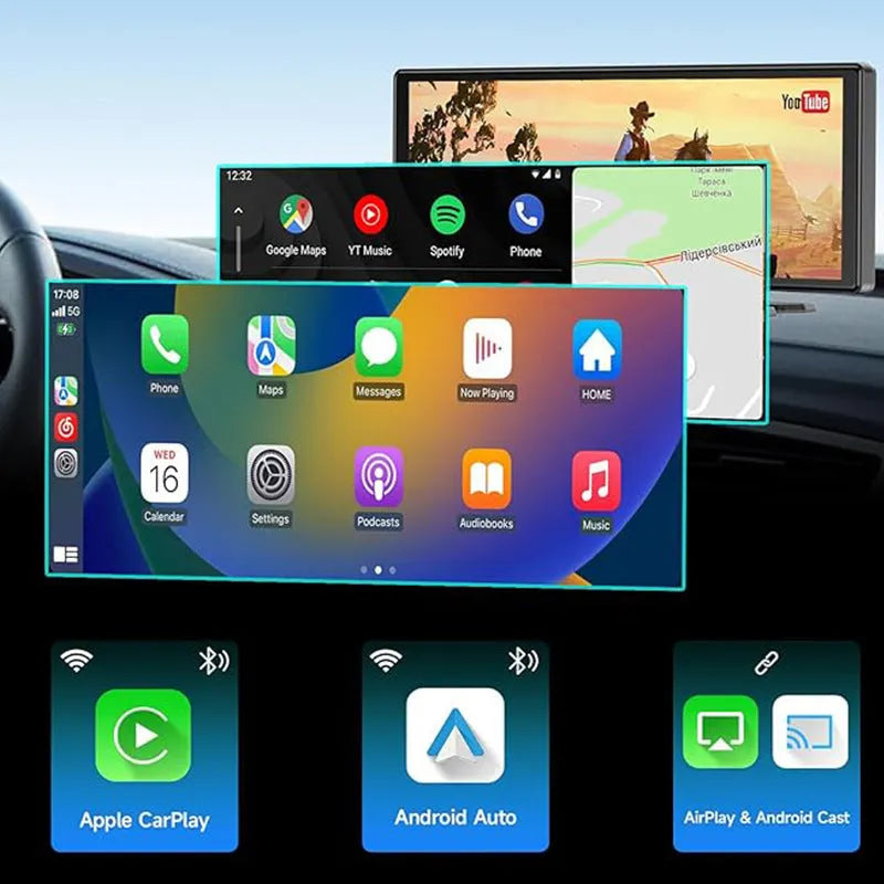 Black 10.26-inch touch screen car navigation device with front and rear camera recording capabilities